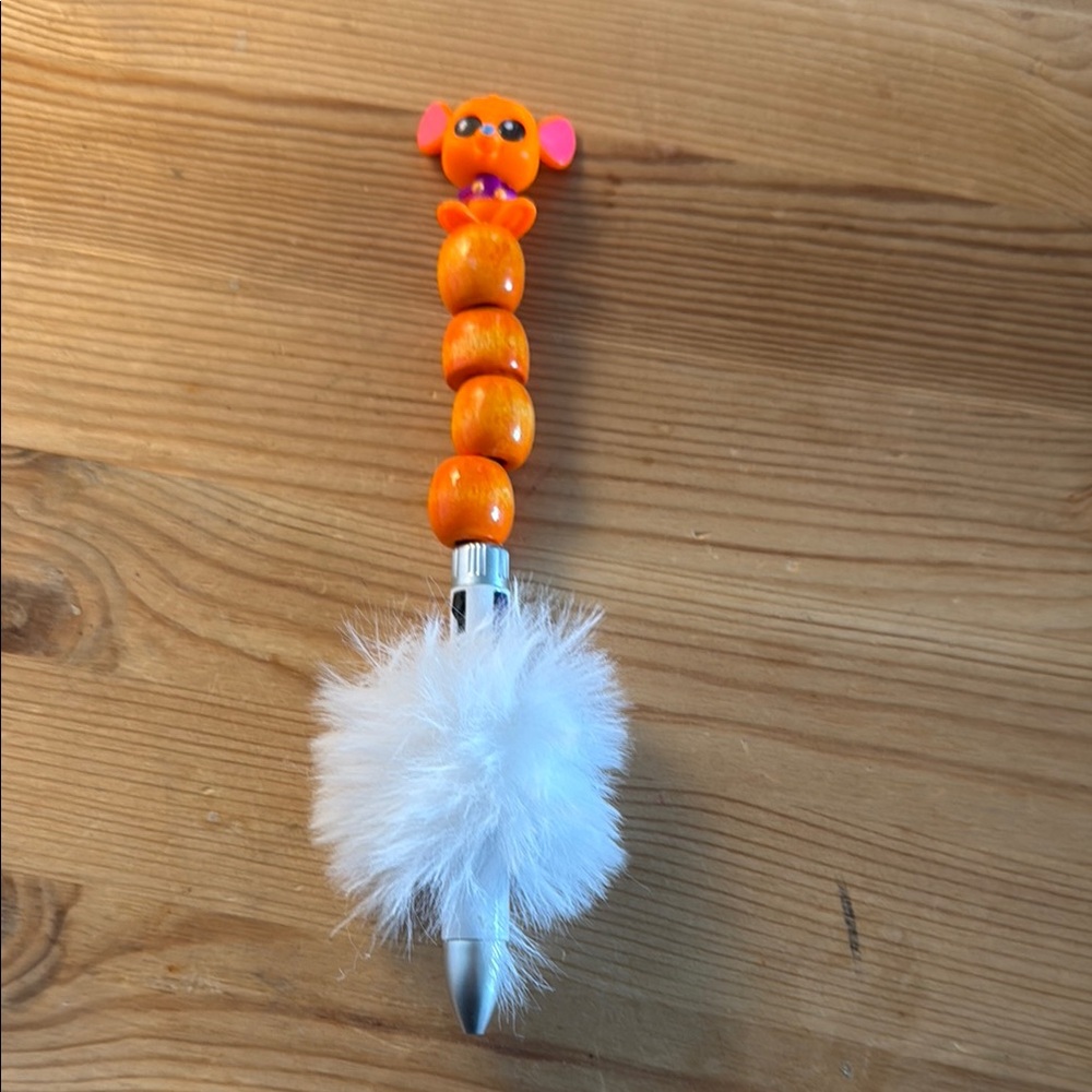 New Orange Beaded Pen with White Fluffy Top